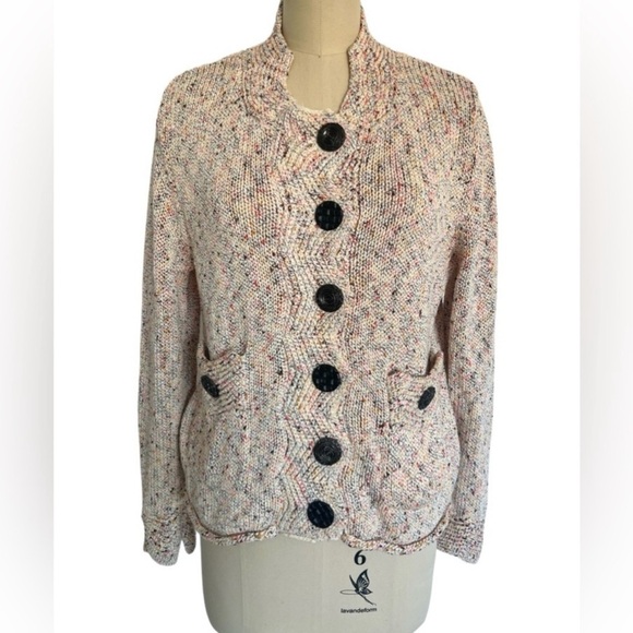 Pure Handknit Anthropologie Chunky Cotton Cardigan Beige multi Crop Sweater S M - Picture 1 of 9